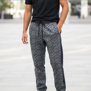 Coach Men's Gray Signature Logo Joggers with Black Side Panels